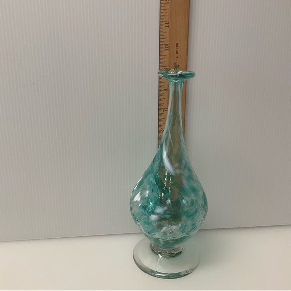 LC ROFF Vase Hand Blown Glass Teardrop Signed Swirls 9” Tall Aqua - Picture 12 of 13